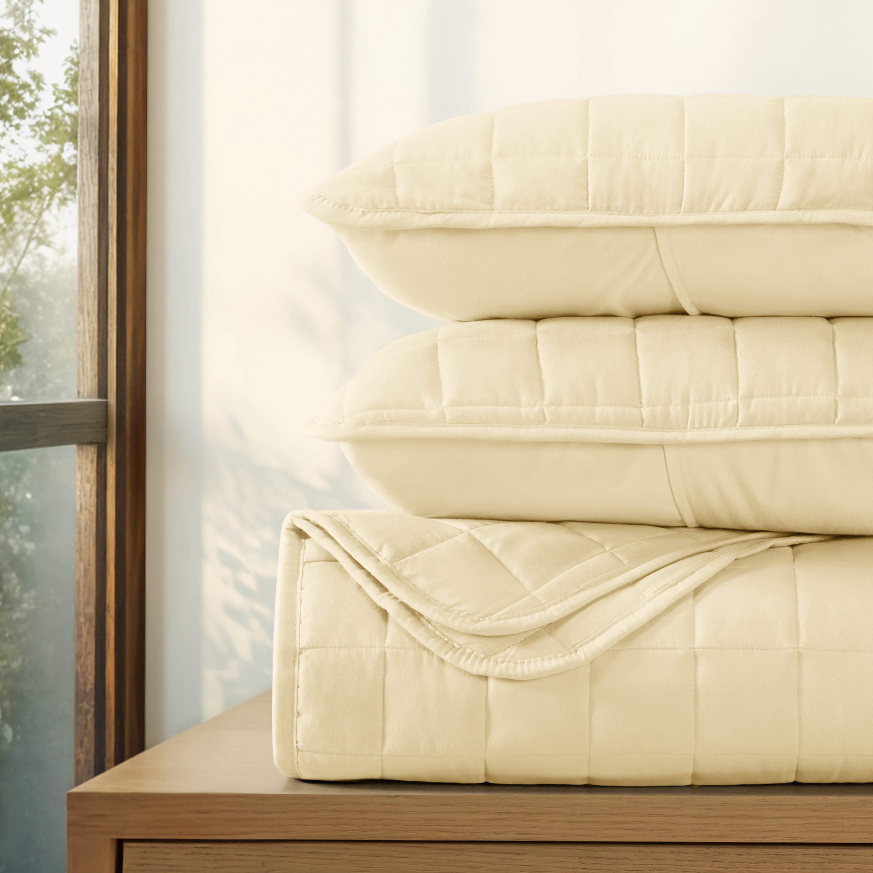Noble Linens Yellow Square Pattern Quilted Coverlet Set, Full/Queen