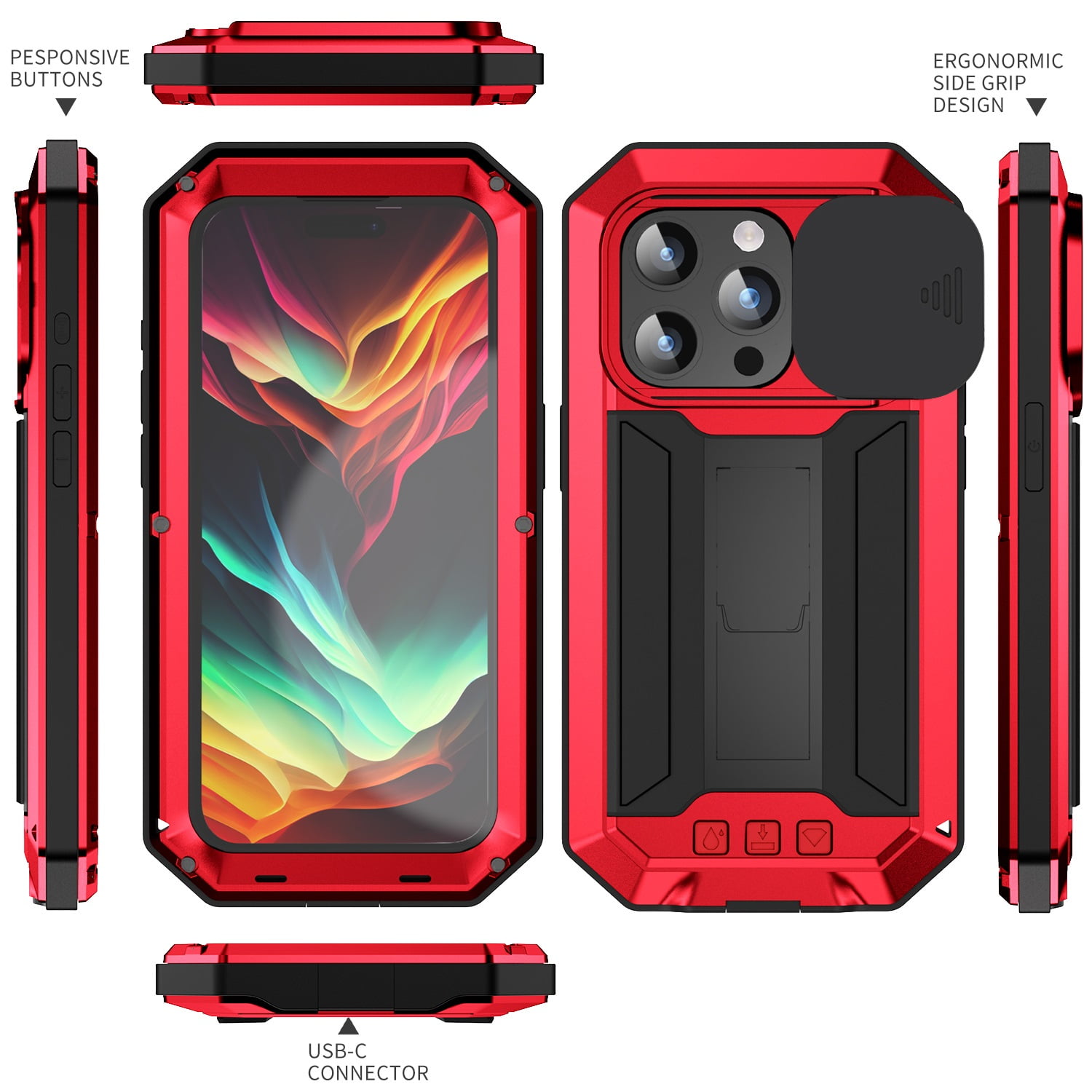 Heavy Duty Rugged Case for iPhone 15 Pro Max with Camera Lens Sliding Kickstand, Triple-Layer Military Grade Metal Frame Shockproof Cover with Screen Protector Dustproof Protective Case,Red