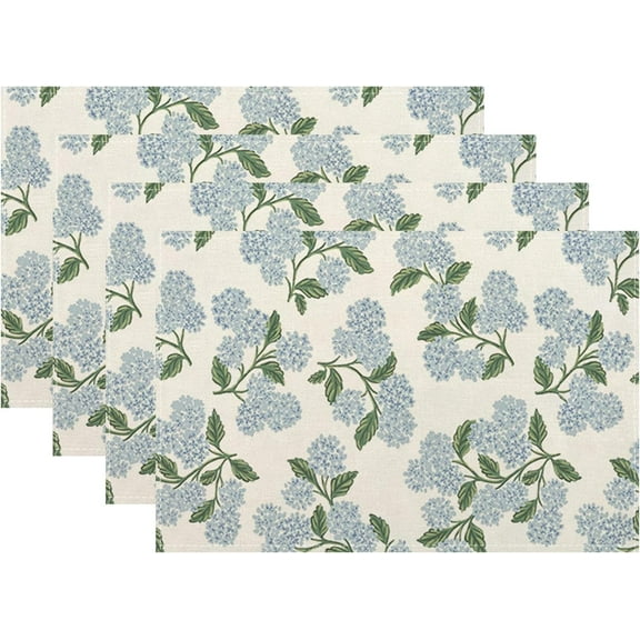 Blue Green Spring Placemats Set of 4 Hydrangea Flower Decor Place Mats 12x18 Inch Vintage Floral Summer Seasonal Decorative Linen Table Mats for Home Kitchen Dining Party Table Decoration
