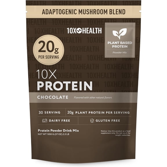 10X Plant Based Protein Powder, 20g Protein, Chocolate, 2 lbs, 30 Servings, Dairy-Free, Gluten-Free