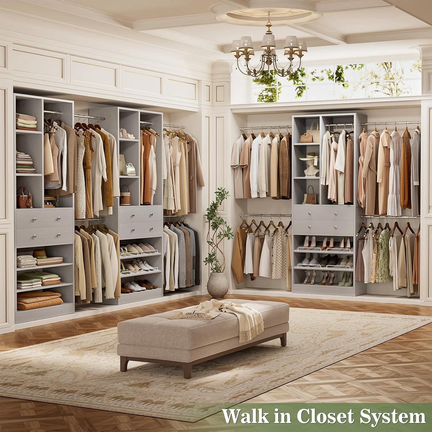 Homieasy Closet System, 2.4–8.8 FT Closet Organizer System with 2 Drawers, 5 Hanging Rods and Shoe Racks for Walk-in Closet, Bedroom, Gray