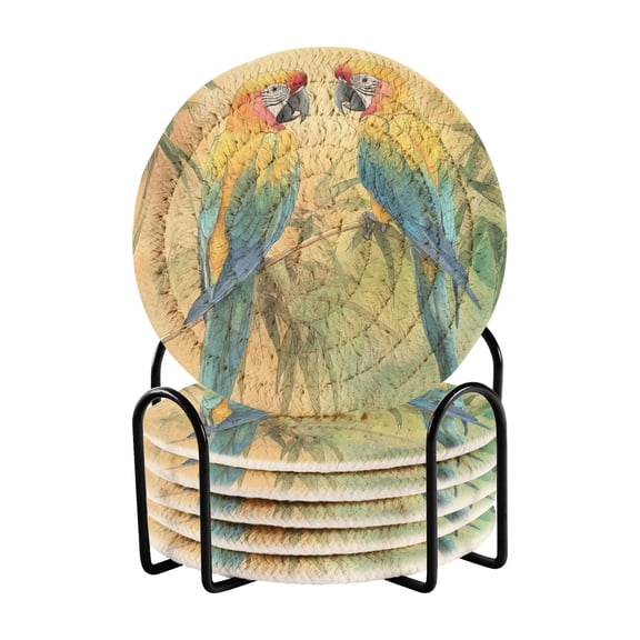 Two Parrots Watercolor Drink Coasters with Holder Absorbent Coaster for Coffee Table Room Decor 6 Pack