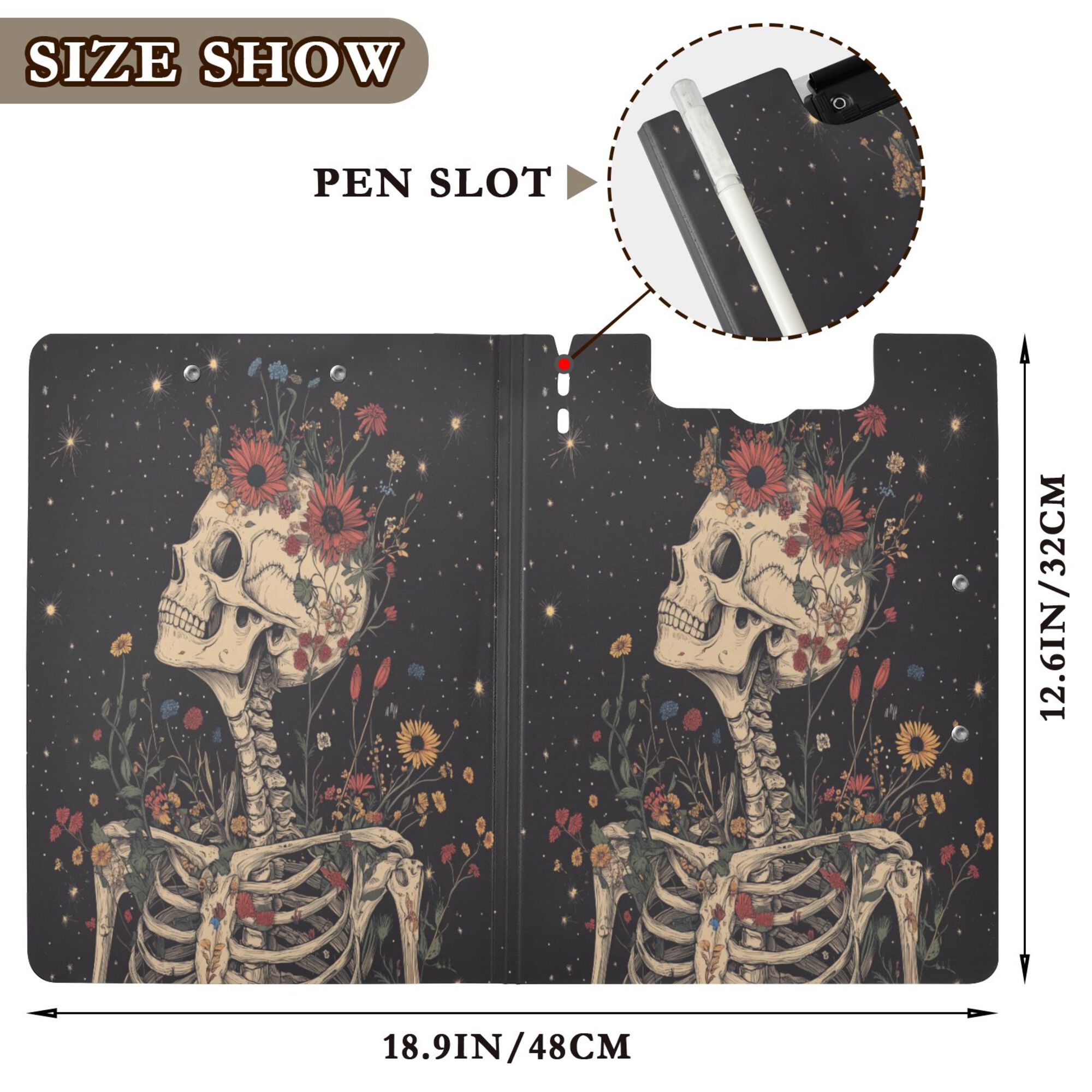 FORMRS A4 Clipboard Folder with Pen Holder Horizontal Foldable School Office Binder, Skeleton with Flowers Pattern