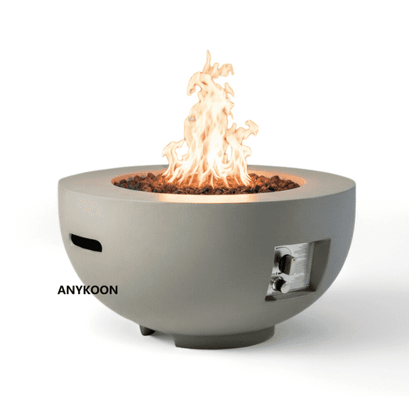 Anykoon 28-inch Outdoor Round Propane Fire Pit Table, 40,000 BTU Light Concrete Fire Pit Bowl with Lava Rocks, Rain Cover & Burner Lid, Propane Fire Pit for Patio, Garden, Deck, Light Grey