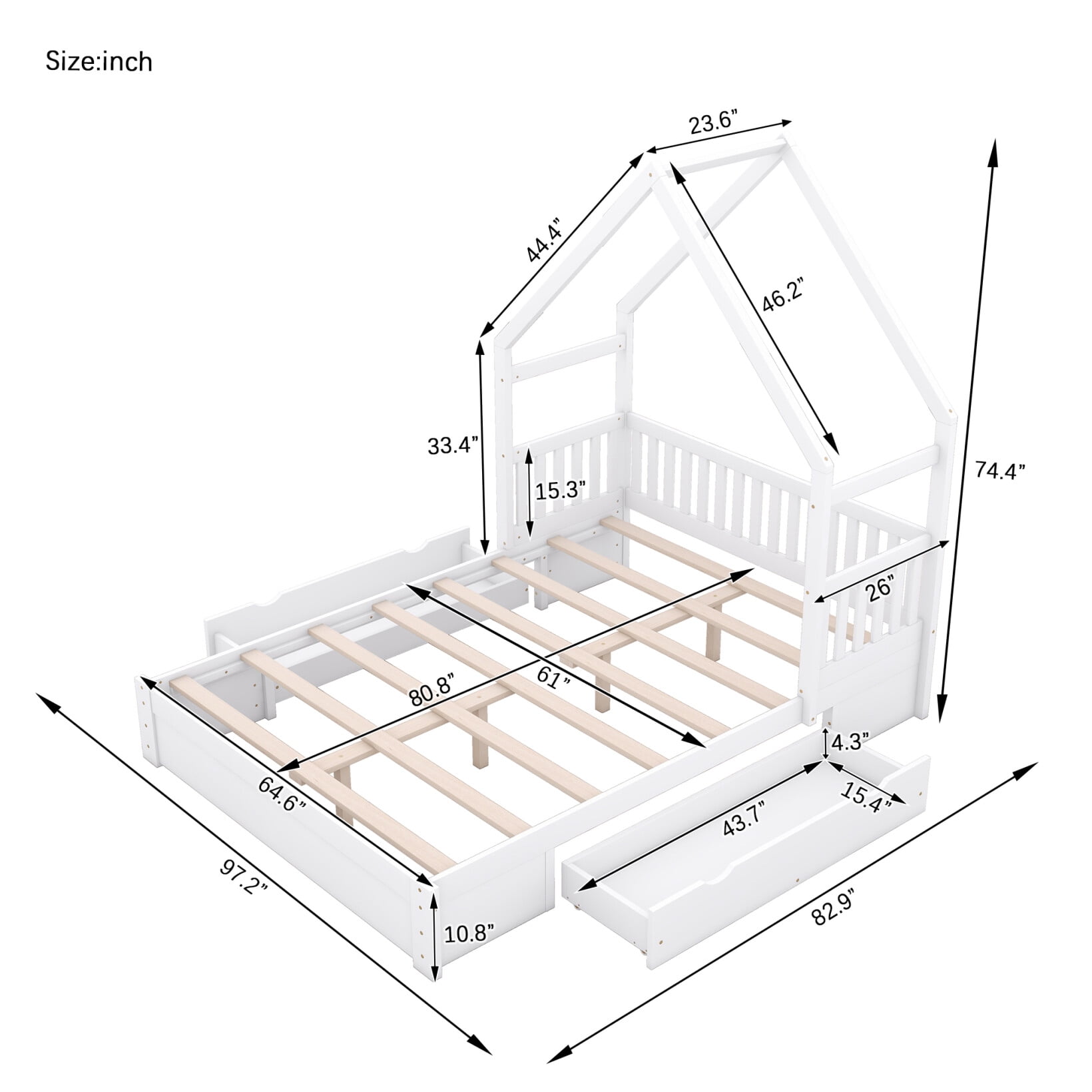 Queen Size House Bed for Kids, Queen Platform Bed Frame with Safety Guardrail and 2 Storage Drawers, Wood Low Bed Frame for Boys Girls Teens Bedroom, No Box Spring Needed, White