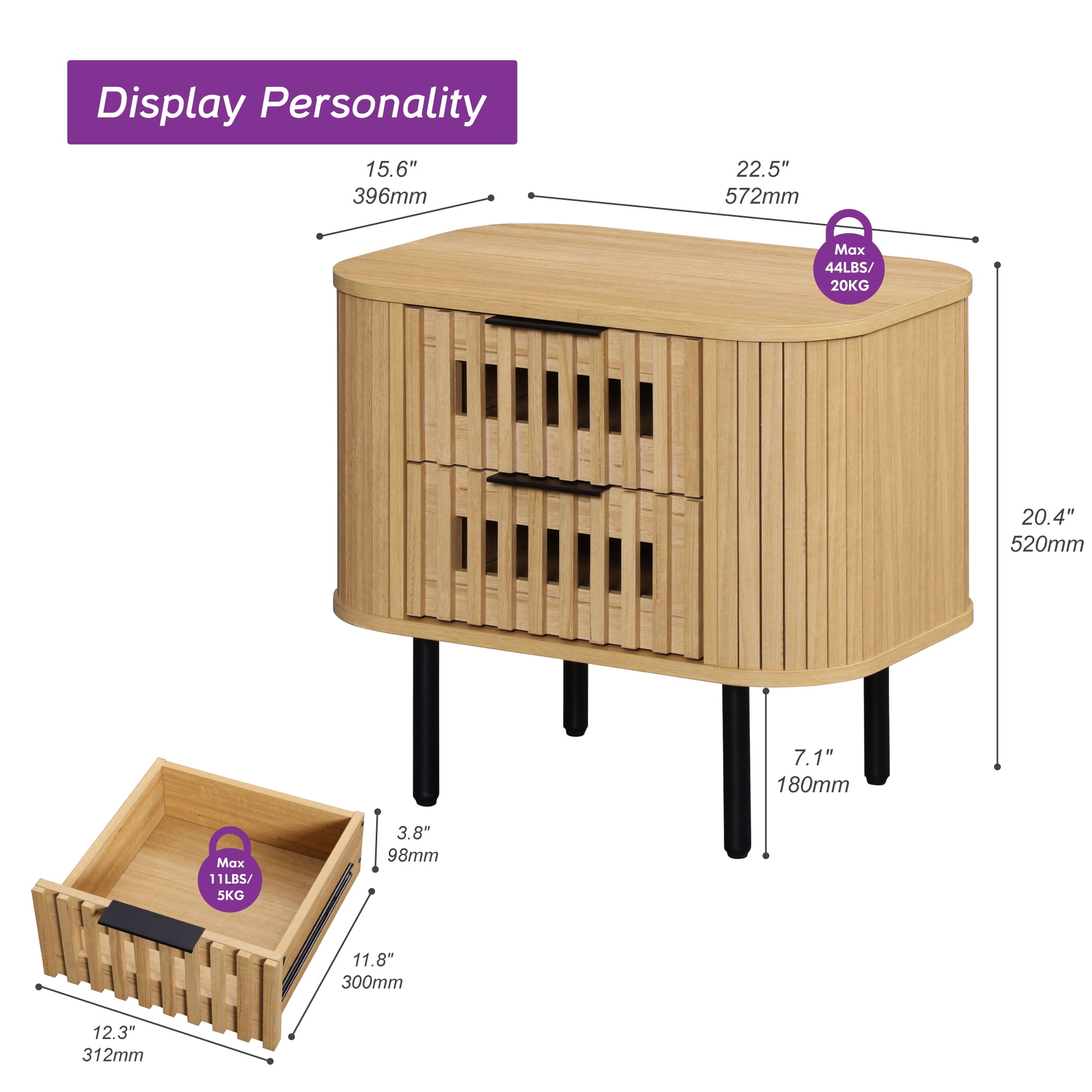 WAMPAT Set of 2 Fluted End Table with Storage, Modern Storage Nightstand with 2 Drawers for Living Room & Bedroom, Wooden Side Table, Oak