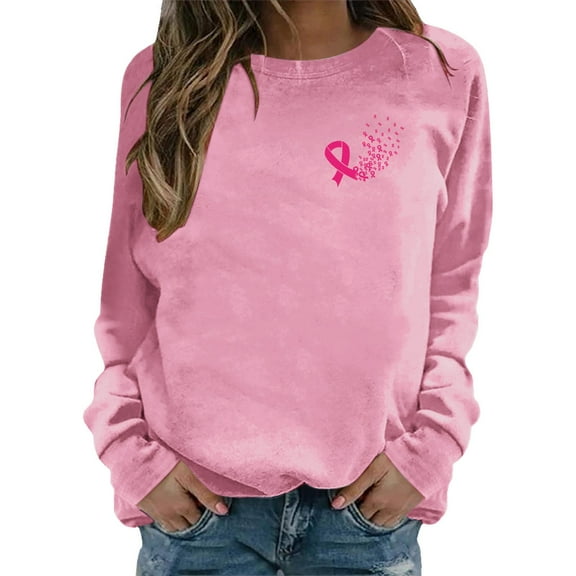Yuanlong Womens Sweatshirts Long Sleeve Round Neck Shirt Pink Ribbon Cancer Awareness Sweatshirt Fall Streetwear Casual Ladies Tops