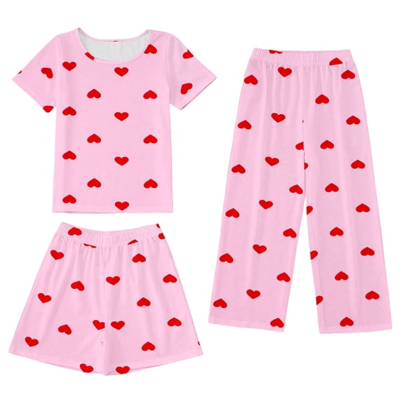 REDARER Girls Heart Print Pajamas Outfits 3 Piece Short Sleeve Top and Shorts and Pants Soft Comfy Daily Wear for Girls Holiday Family Party Outfit,7-8 Years