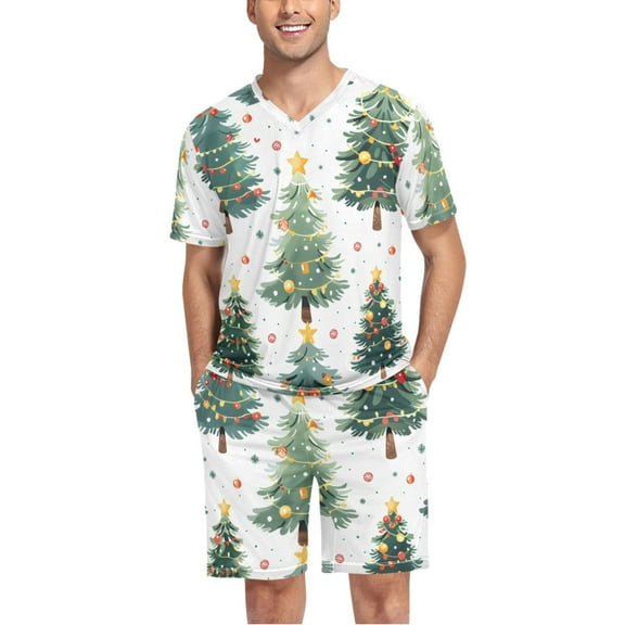 joogoo Men's Pajama Set Christmas Tree Pattern V-Neck Pj Shorts Set 2 Piece Loungewear Sleepwear L