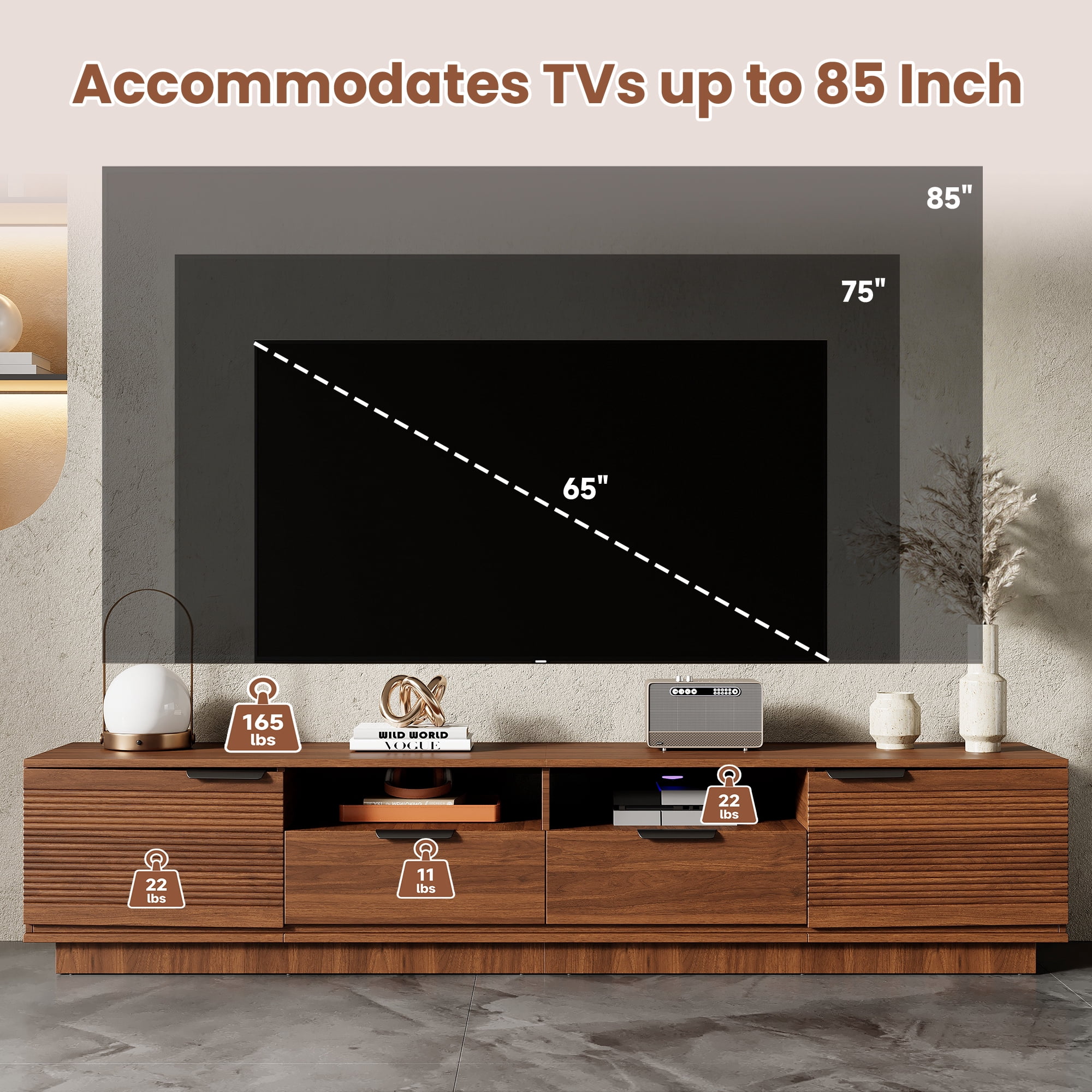 TV Stand for TVs up to 85 Inch, Entertainment Center with Wave-Pattern Doors & 2 Deep Drawers, Media Console with Soft-Close Hinges for Living Room