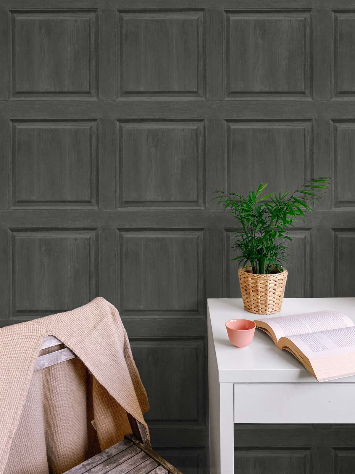 NextWall Arthouse Washed Faux Panel Peel and Stick Wallpaper 20.5 in. W x 18 ft. L - Charcoal