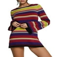 thumbnail image 1 of Femmes Bodycon Crochet Robe en Tricot Manches Longues Backless Arc-en-Rayé Robes 2022 Été Plage Couvrir, 1 of 6