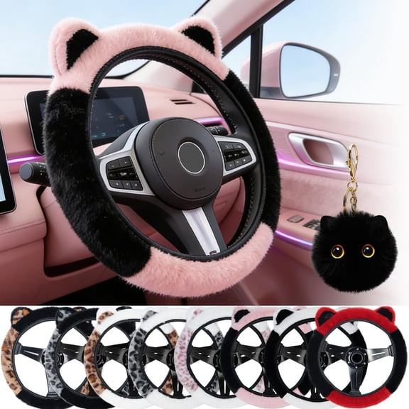 Fluffy Car Steering Wheel Cover, 14-15 inch Steering Wheel Covers with Cute Ears Keychain Universal Elastic Steering Wheel Protector Accessories for Women Girls (Black and Pink)