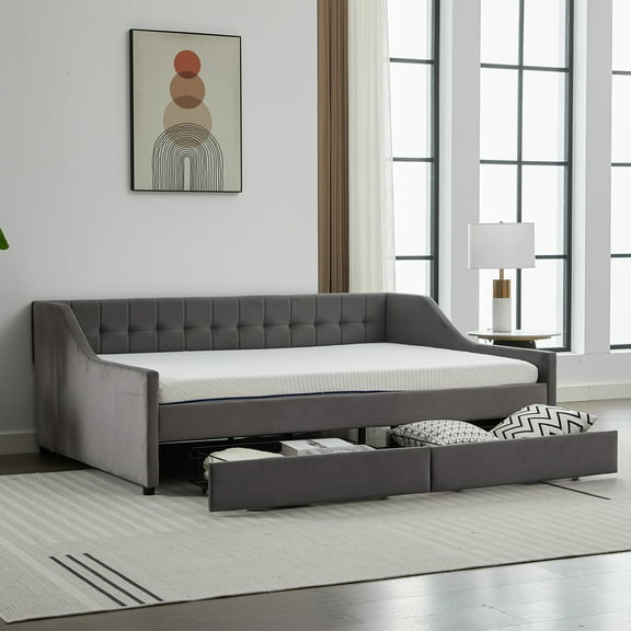 Full Size Upholstered Daybed with 2 Storage Drawers, Fabric Sofa Bed Frame with Tufted Backrest for Small Room, Gray