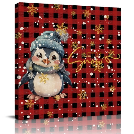 Wall Art Prints Christmas Framed Canvas Prints for Bedroom Living Room Bathroom Office Red Black Plaid Penguins Xmas Winter Snowflake Gallery Wrap Wall Art Poster for Gifts Home Decor 20 x20