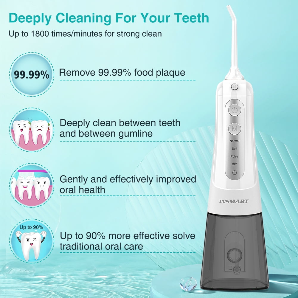 Cordless Water Flosser for Teeth, INSMART,Portable Rechargeable Teeth Cleaner with DIY Mode RGB Light 4 Jet Tips IPX7 Waterproof Dental Oral Irrigator