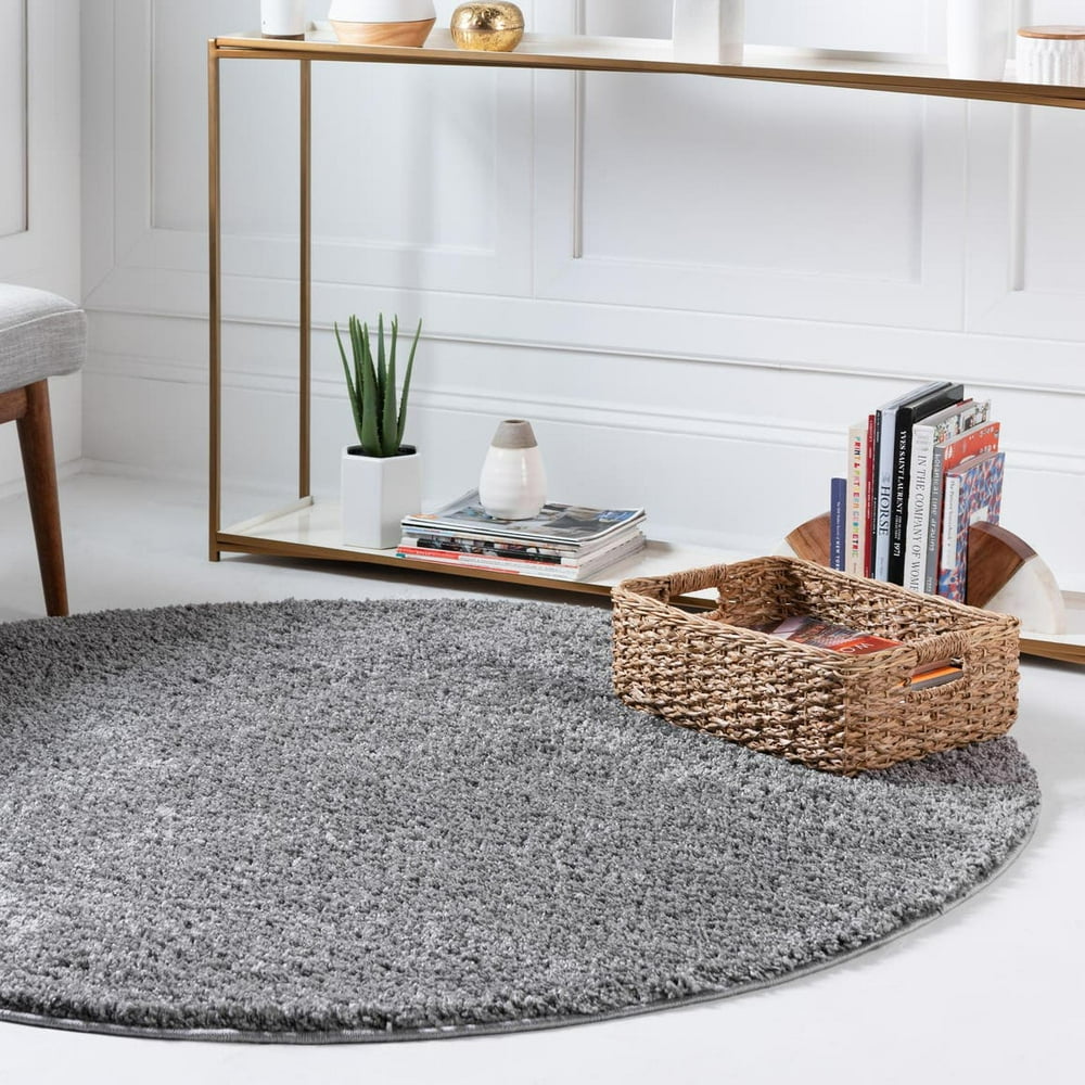 Soft Solid Shag Collection Round Rug 5 Ft Round Grey Shag