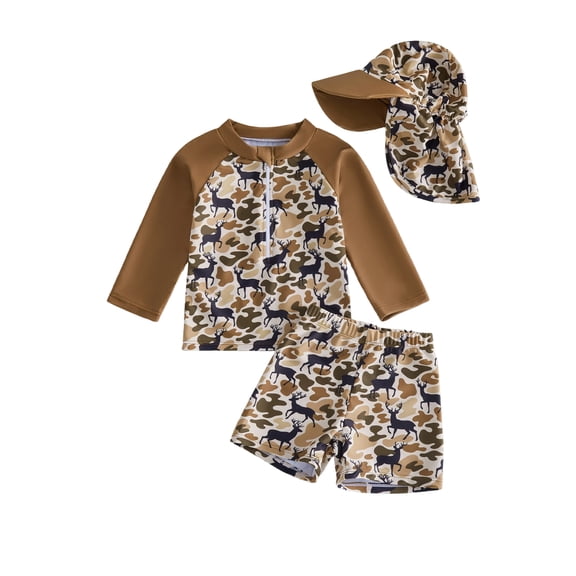 BemeyourBBs Toddler Baby Boy Hunting Duck Swimsuit with Sun Hat 3 Pieces Outfit Infant Boy Bathing Suit Long Sleeve Rash Guard Camouflage Print Zipper Swimming Tops Swim Trunks Shorts Set Swimwear