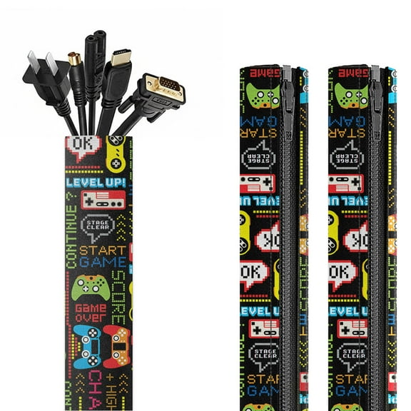 WIRESTER 2 Pack Cable Management Sleeves, 17.7" Zipper Cord Organizer & Wire Hider for TV/PC – Retro Game Text Pattern