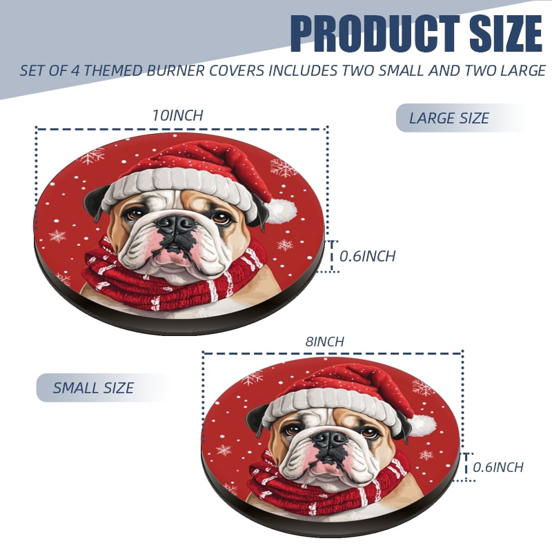 Christmas Stove Burner Covers for Electric Stove, Christmas Bulldog in Santa Hat Xmas Snowflakes Holiday Decor 4 Pack Round Oven Burner Covers for Kitchen, 8 Inches and 10 Inches