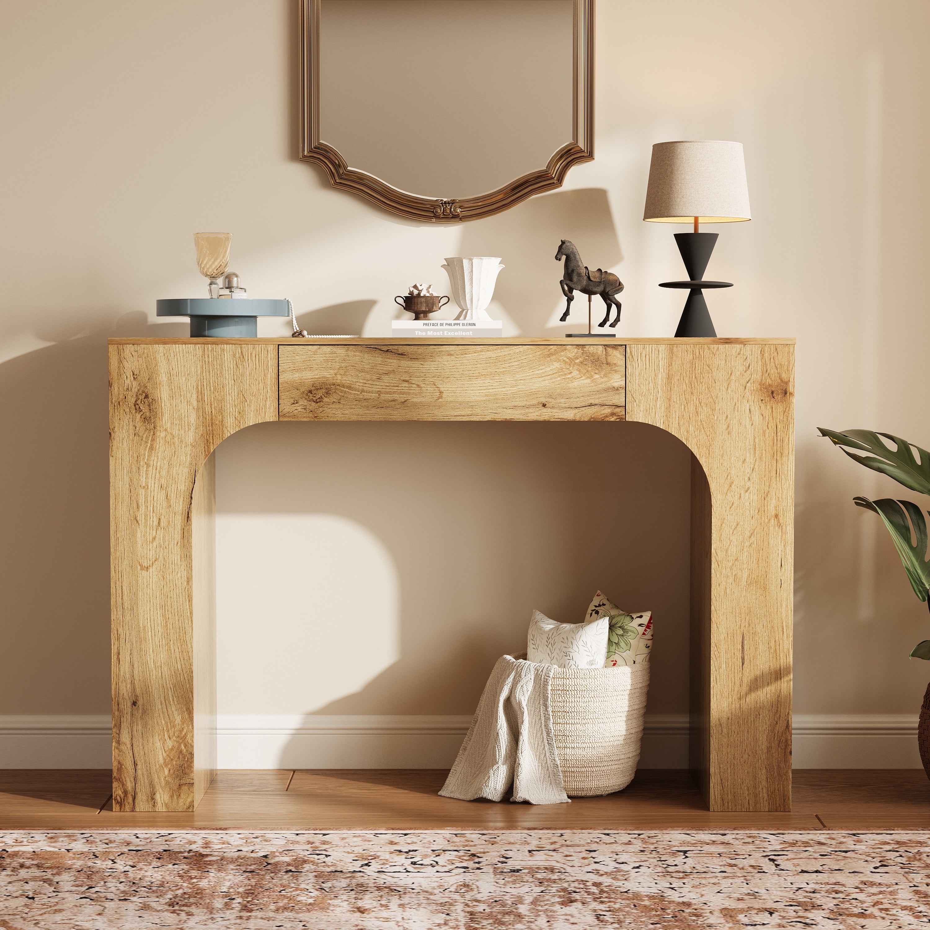 47" Long Console Table with Drawer, Narrow Entryway Table with Anti-Tipping Kit, Farmhouse Walnut Sofa Table for Hallway, Living Room, TV Stand, Chate Cracked Oak