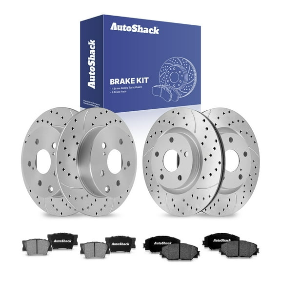 AutoShack Front Vented & Rear Solid Drilled & Slotted Coated Brake Rotors Silver Matte Finish   Ceramic Pads 12-PC Brake Kit Replacement for 2006-2008 Toyota RAV4 2010-2012 Lexus HS250h TurboGuard