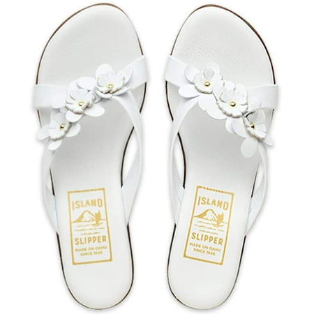 

Island Slipper Women s White Leather Flower Slide Wedge Size 7 Sandals