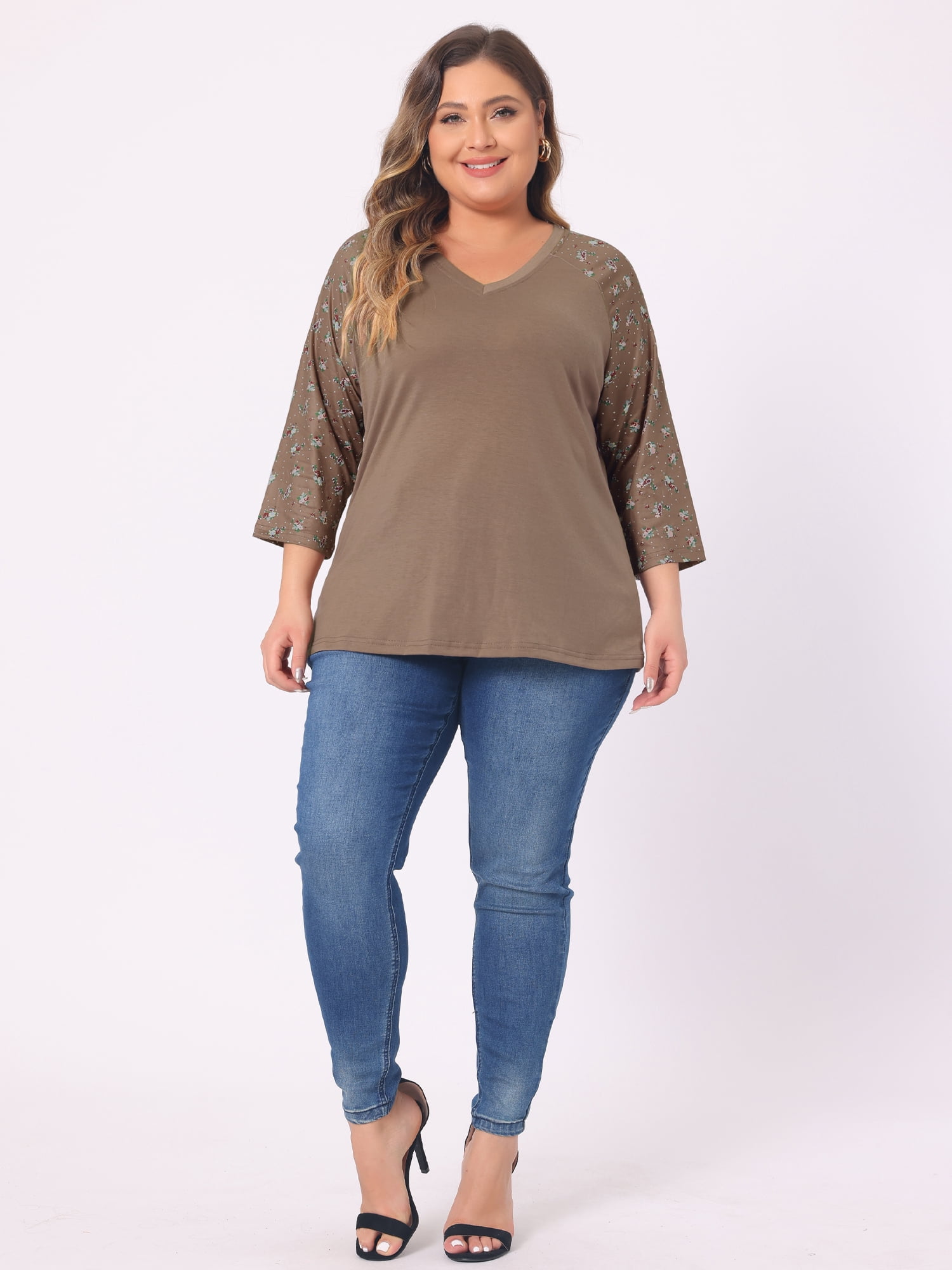 DARING DIVA Women's Plus Tops Casual Floral V Neck Spring Raglan Top 3X Brown