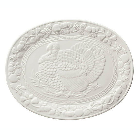 William Roberts 17" Oval Thanksgiving Platter, Ivory Ceramic Turkey Serving Dish, Microwave & Dishwasher Safe