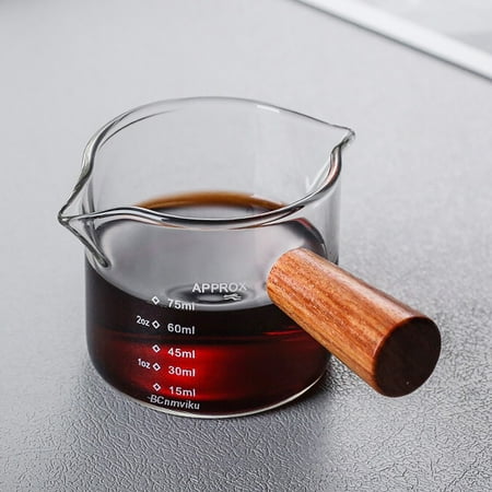 

Oaktree 1 Pack Double Spouts Measuring Triple Pitcher Milk Cup with Wood Handle 75ML Espresso Glasses Parts Clear Glass