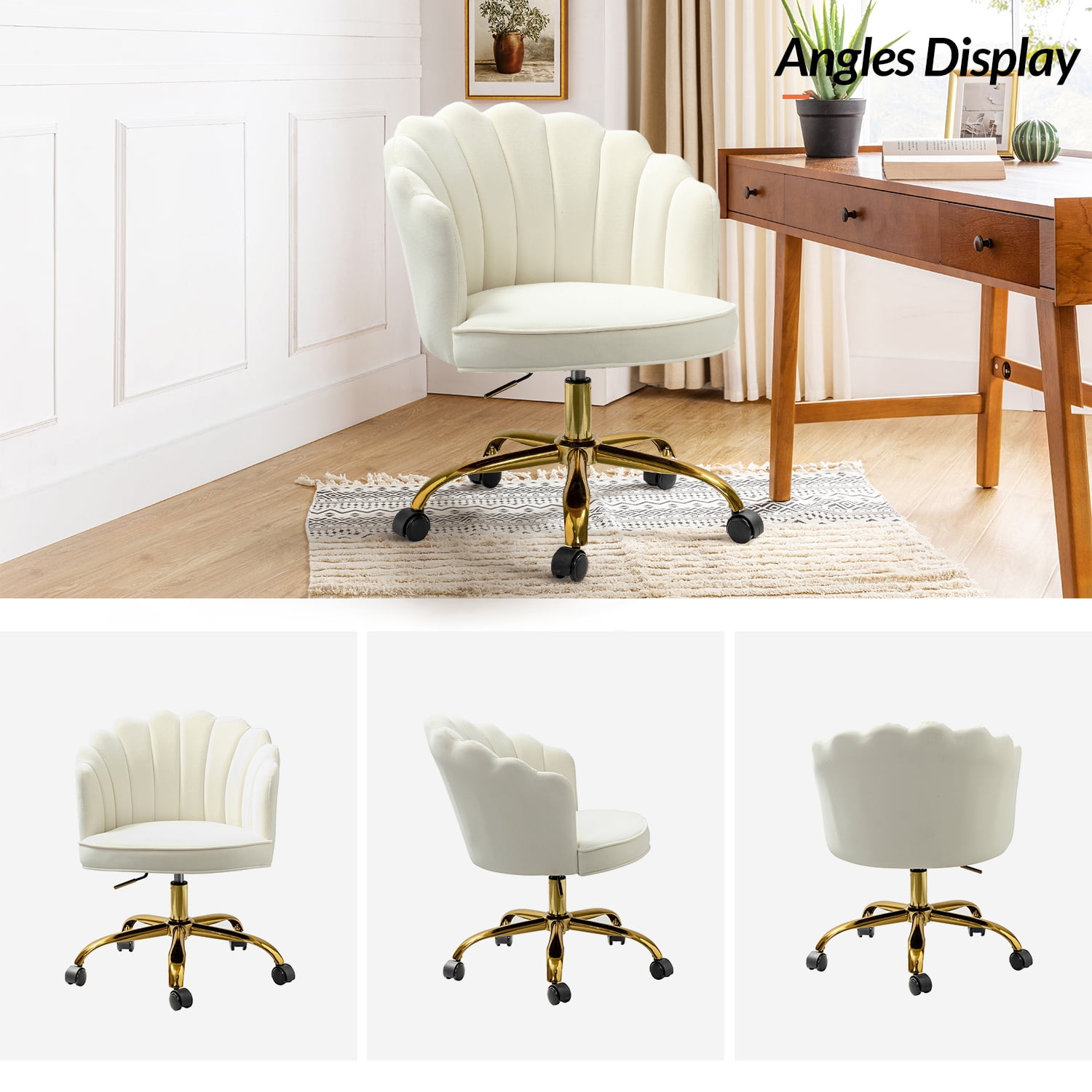 Tina's Home Makeup Vanity Table Chair Velvet Upholstered Shell Backrest Swivel Adjustable Gold Legs Office Bedroom Ivory