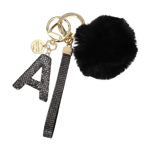 Uxcell Initial Letter Keychain, Alphabet A Bling Rhinestone Keyring Key Chains Charms with Pom and Rhinestone Wristlet for Women Girls Car Key Purse Backpack Handbag Charm, Grey