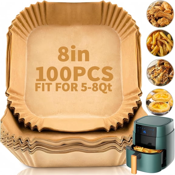 100 PCS Air Fryer Disposable Paper Liners, 8 Inch Square Parchment Disposable Paper Liner for 5-8QT Air Fryer, Baking, Roasting and Microwave, Non-Stick Airfryer Accessories