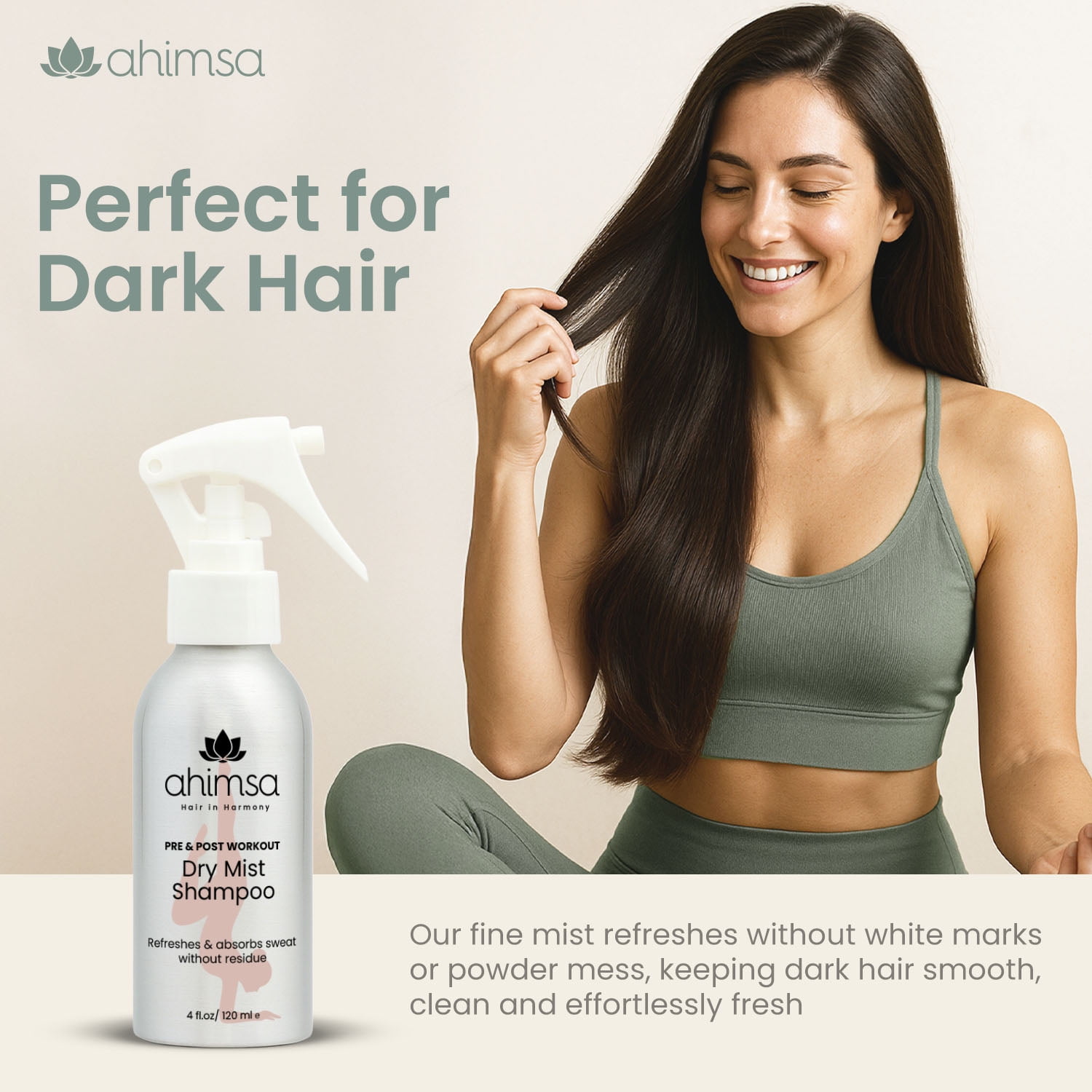 Ahimsa Dry Mist Shampoo, Residue-Free, Dark Hair Friendly, Vegan & Cruelty-Free, Pre & Post Workout, 4 oz