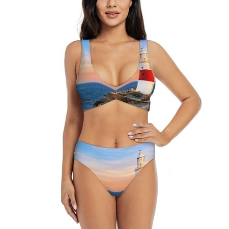 Zeuib Lighthous1 High Waisted Tummy Control Bikini Set - Knot Front Push Up Top & Cheeky Thong Bottom  Two-Piece Swimsuit for Women-Large