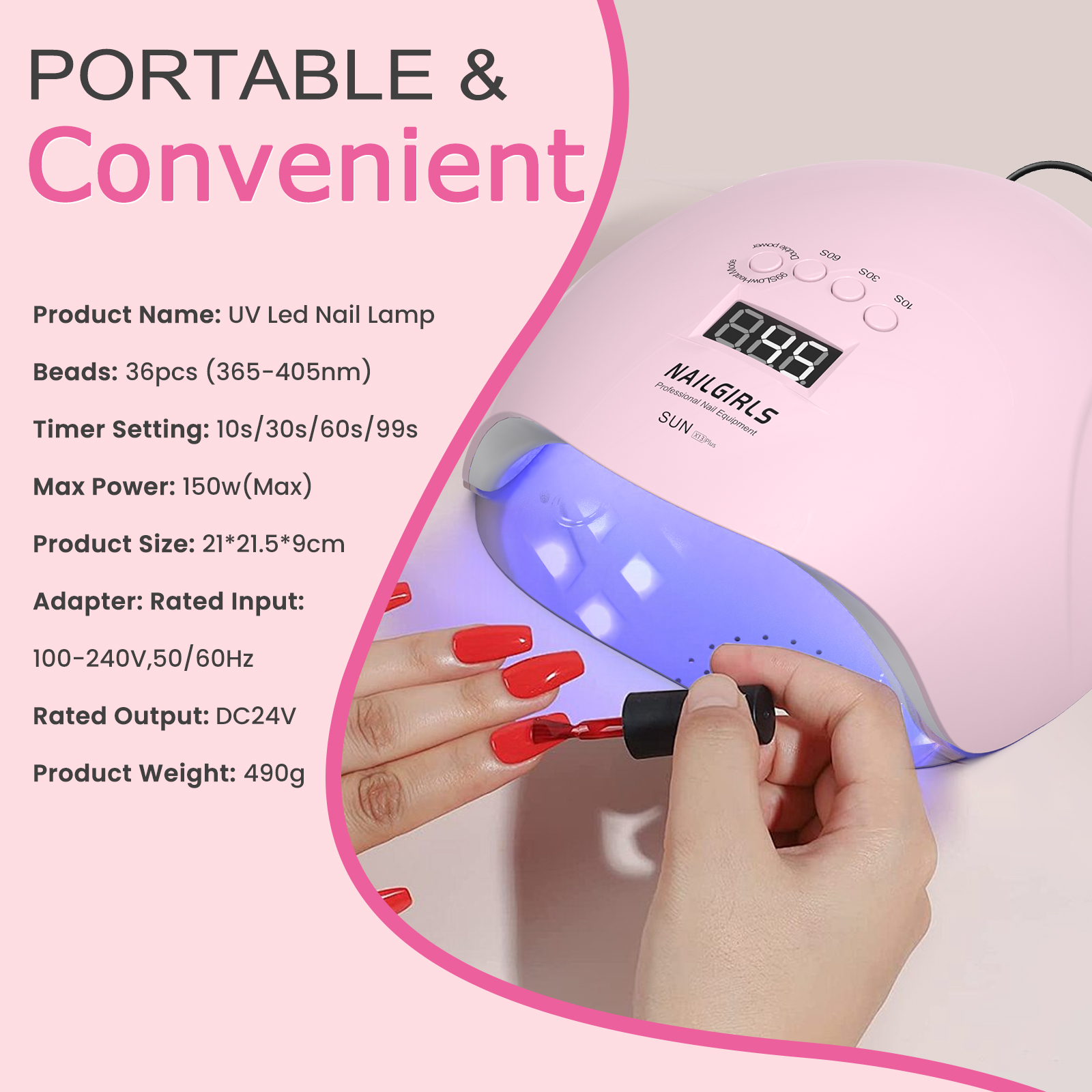 NAILGIRLS 150W UV LED Nail Lamp Pink photo 6
