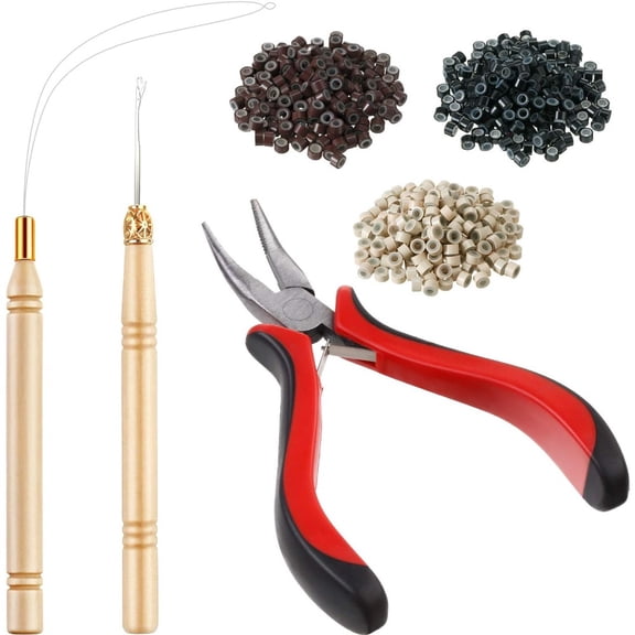 All-in-1 Micro Ring Hair Extension Tool Kit, 600 Beads & 3 Professional Tools for Tinsel Feather Extension and Removal, DIY & Stylist Must Have