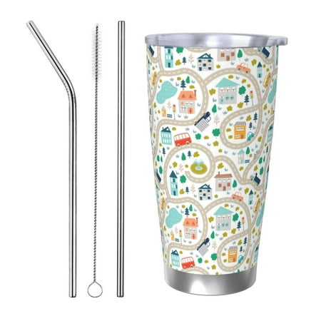 

Zeuib Hand Drawn Cars Trucks Buses And Roads Printed 20oz Stainless Steel Insulated Car Cup Stainless Steel Thermal Cup Vacuum Insulated Leak-proof Travel Mug Cup-Straw Three-piece Set