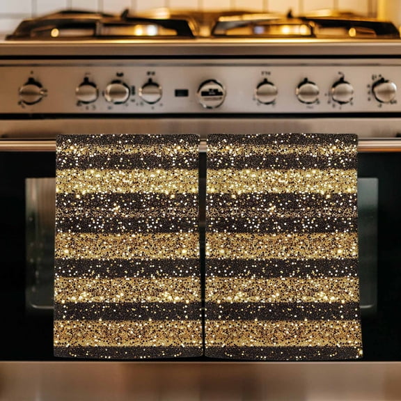 Black Golden Striped Kitchen Towels Set of 1, Luxury Farmhouse Stripes Absorbent Dish Towels for Kitchen, Microfiber Hand Towel, Quick Drying Tea Towel for Cleaning Decorative Dishcloths