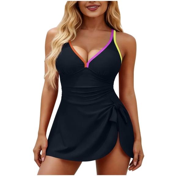 ROHUUQUE Women's Two Piece Swimdress Set Color Block Tank Top with Skirted Bottom Modest Slimming Athletic Swimwear