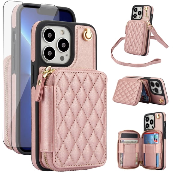 Compatible with iPhone 15 Pro Max 6.7 inch Wallet Phone Case Tempered Glass Screen Protector Wrist Crossbody Strap Stand Credit Card Holder RFID Slot Cell Cover for iP15ProMax Women Girls Rose Gold