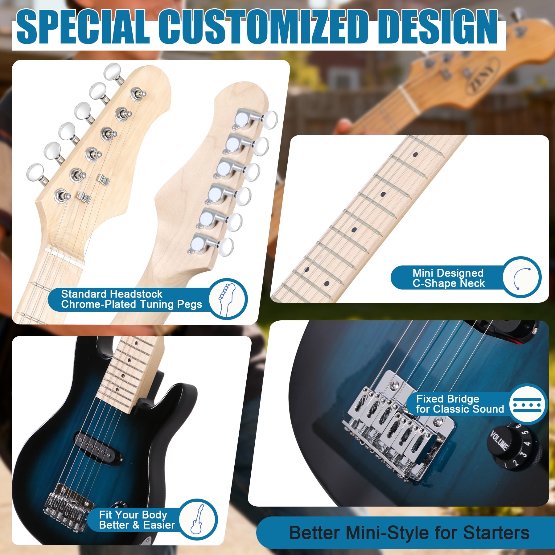 ZenSports 30-inch Kids Electric Beginner Guitar 3/4 Size W/Amp & Accessories Pack, Right-Handed Blue