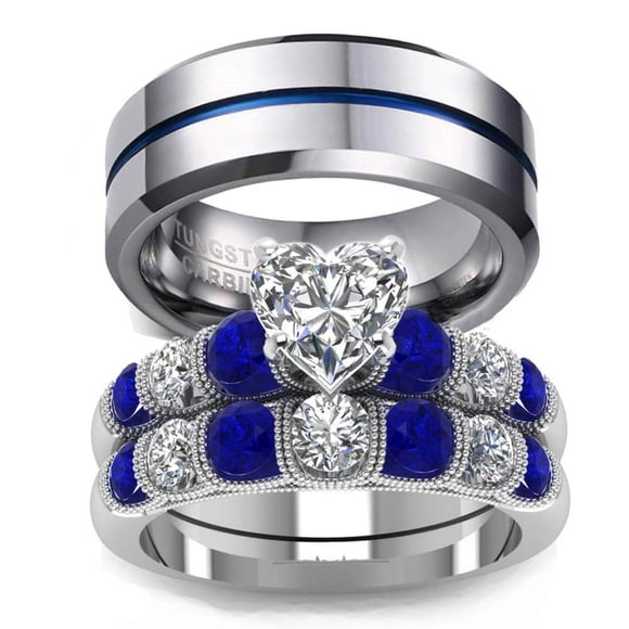 LOVERSRING His and Hers Wedding Ring Sets Couples Rings 10K White Gold Filled heart cz Wedding Engagement Ring Bridal Sets Men's tungsten carbide Wedding Band