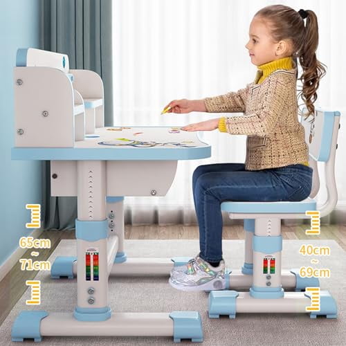 Floseru Kids Functional Desk and Chair Set, Study Desk for Children with Chair, Kids Desk and Chair Set,Height Adjustable Children School Study Desk with Storage Drawer for Boys Girls
