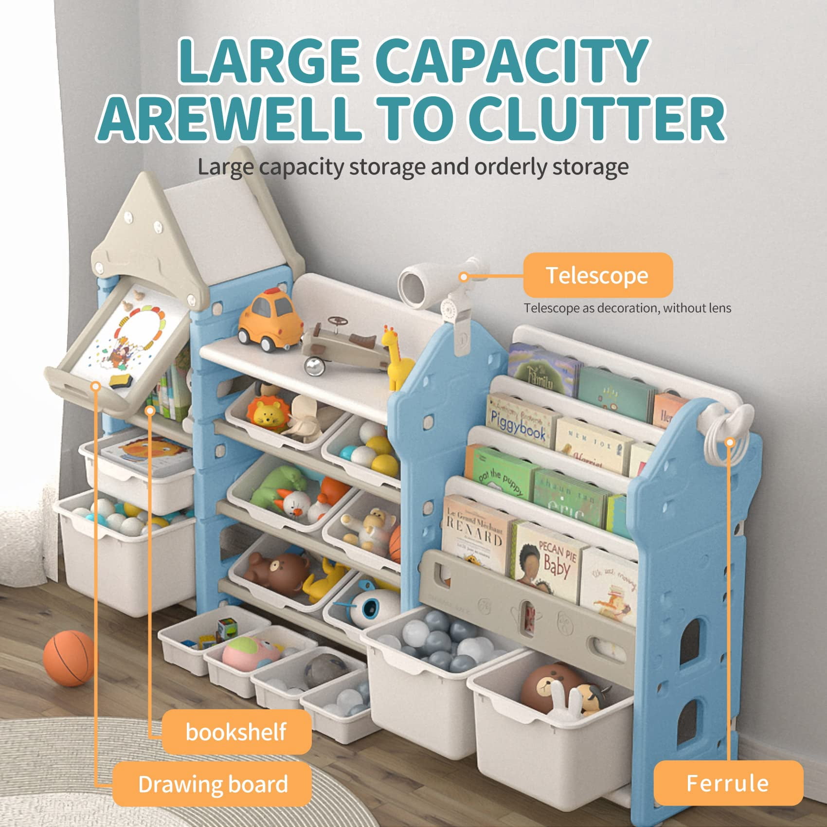 UNICOO® Kids Toy Storage Organizer and Children Bookshelf, with 14 Bins, Pull-Out Drawers Multipurpose Shelf for Toddlers to Organize Toys and Books (Magic Castle ? Blue)
