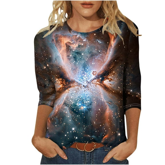 Plus Size Tops for Womens Crewneck 3/4 Sleeve Shirts Loose Casual Blouse Trendy Galaxy Print Tunic