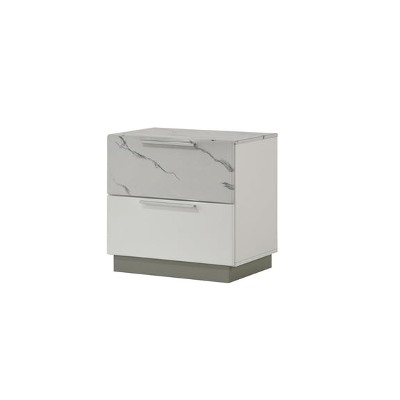 Mist modern style  Nightstand made with Wood Lacquer & Marble Detailing in White