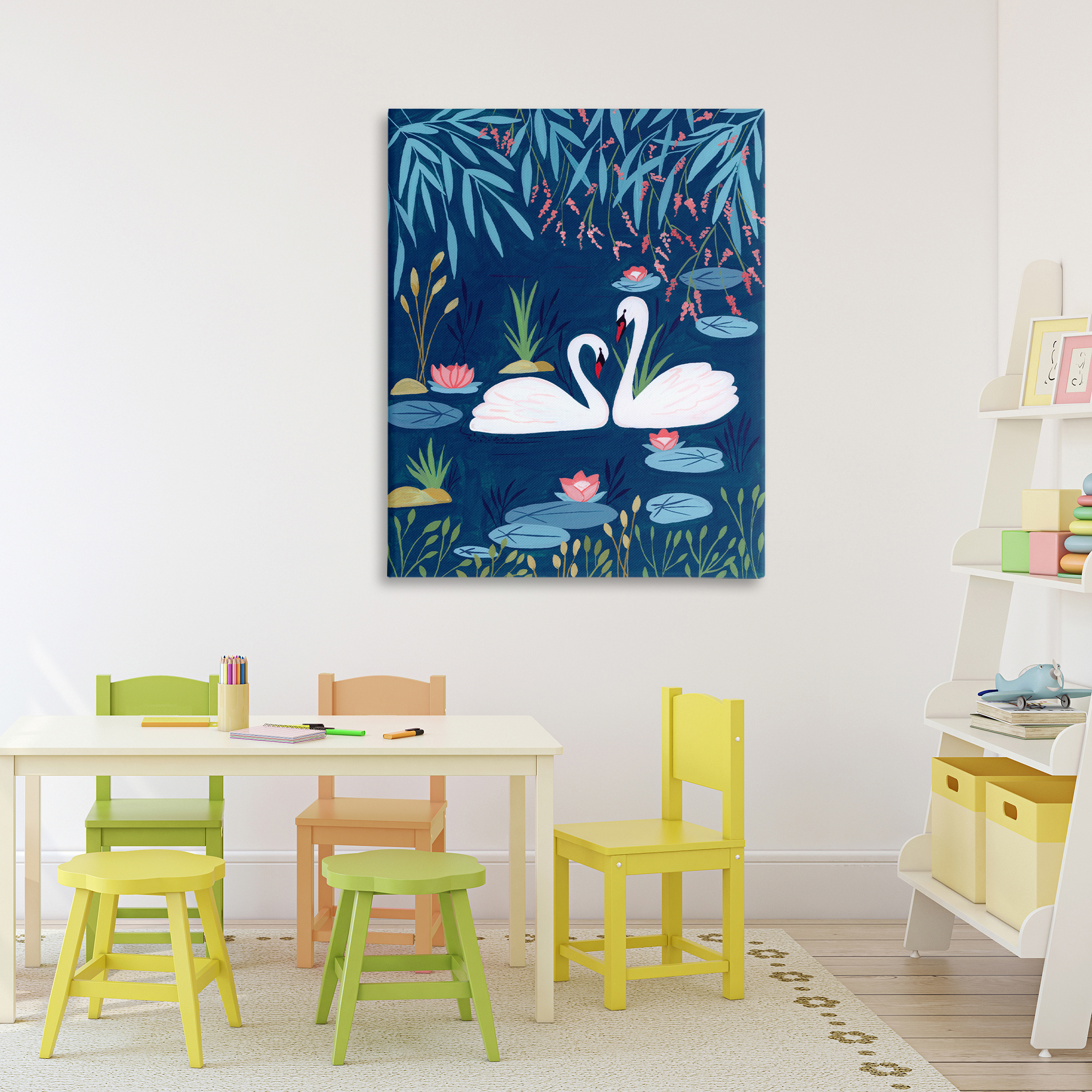 Swan Pair on Blue Pond Canvas Wall Art, design by Nabeela Rumi