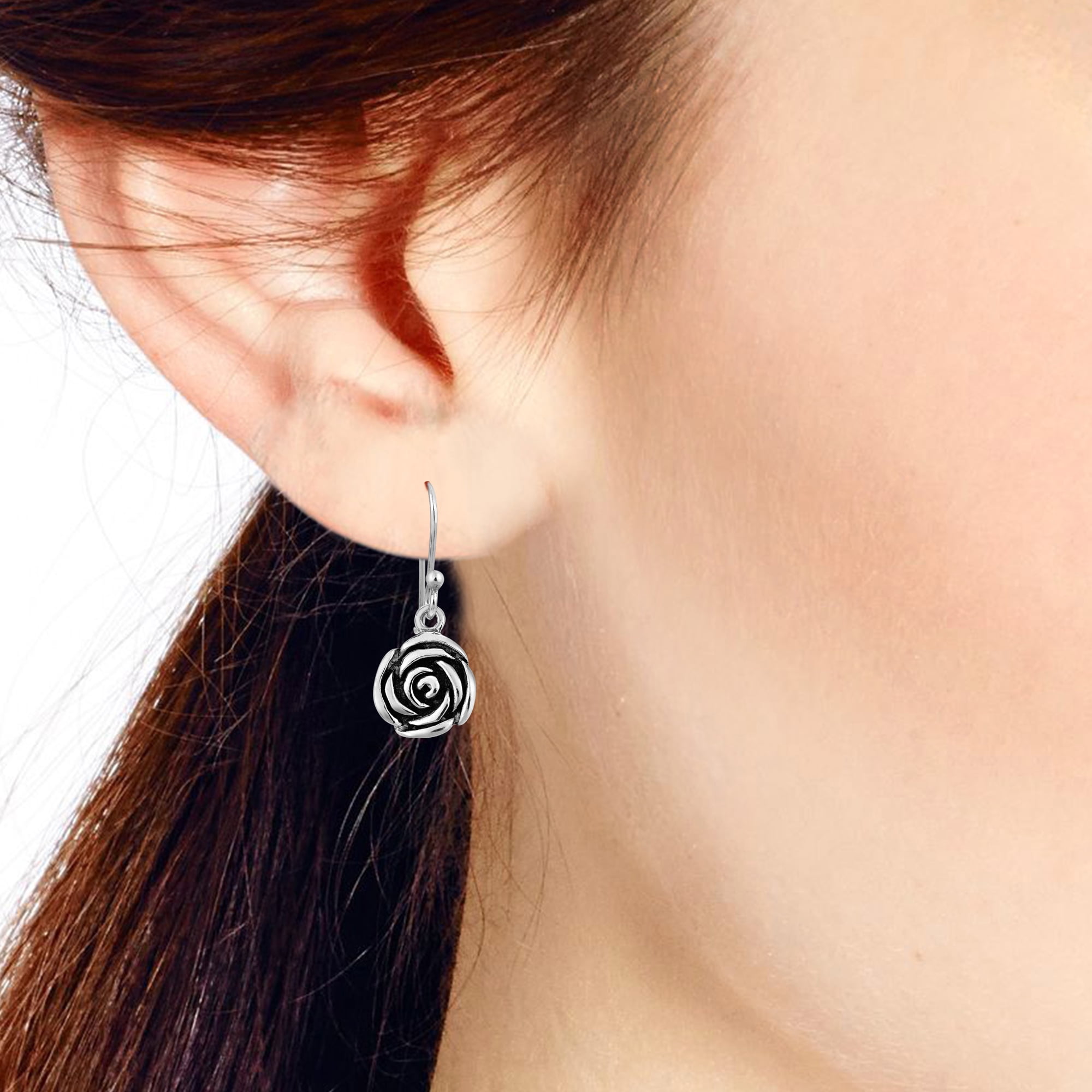 Aeravida Blooming Vintage .925 Sterling Silver Rose Flower Dangle Earrings | Dainty Sterling Silver Dangle Earrings | Earrings for Women | Rose Dangle Earrings | Vintage Dangle Earrings