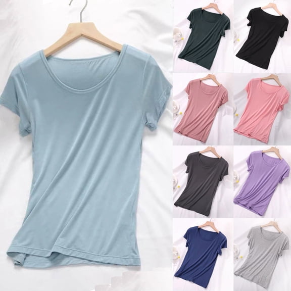Women Pajama Tops Solid Lyocell Crew Neck Short Sleeve Casual Soft Loungewear Sleep Top